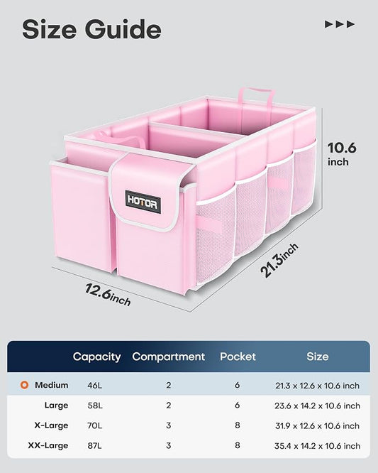 HOTOR Trunk Organizer - Foldable Car Organizer for SUVs & Sedans Storage | Sturdy Car Organization for Men & Women, Car Accessories, Tools, Sundries, Pink, 2 Compartments, 21.3" x 12.6" x 10.6" - Image 2