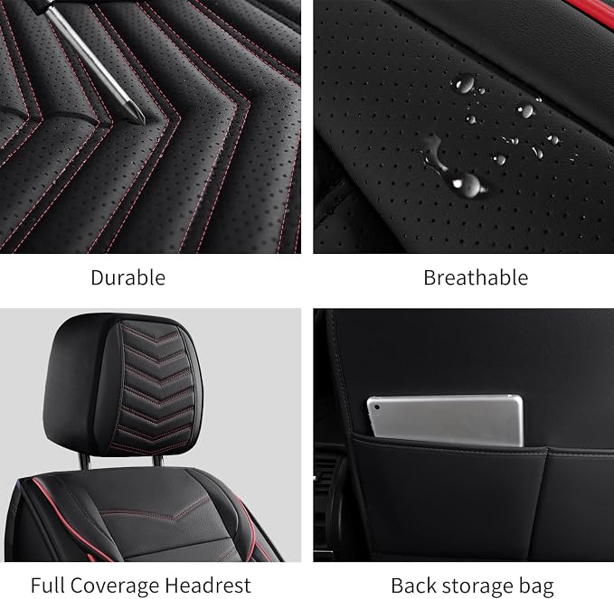 HChengkikz Front Car Seat Cover, Waterproof Faux Leather (Black + Redline) | Easy Maintenance, Airbag Compatible, Universal Fit For Most SUVs Trucks Pick-ups Sedans - Image 9