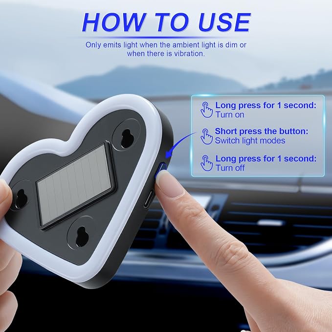 iFunyLED Heart-Shaped Solar Powered Car LED Interior Ambient Light, Wireless Lamp with 5 Lighting Modes, Dual Charging & Dual Sensor Design, Cute Car Accessories Gift for Women, Pack of 2 (Blue) - Image 8
