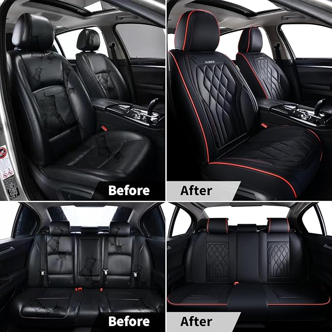 FLORICH Car Seat Covers Front Seat Covers Waterproof Leather Car Seat Protector Universal Fit Most Automotive, SUV, Truck (Black Seat Covers with Red Stitching, 2 Front Set) - Image 6