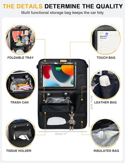 1-Pack Leather Car Backseat Organizer with Tablet Holder–Foldable Food Tray,Storage Pockets,Trash Can,Tissue Holder & Insulated Bag–Kick Mats Protector for Kids,Travel Accessories Organizer - Image 2