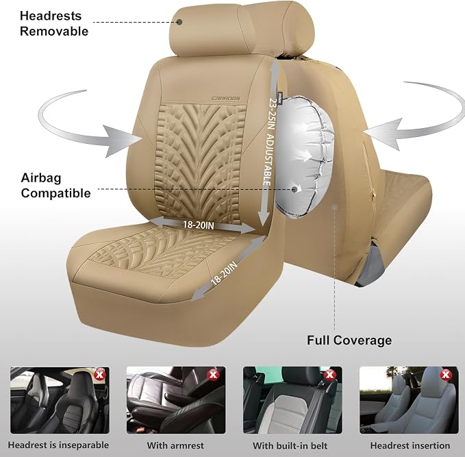 CAR PASS Neoprene Waterproof Seat Covers Full Sets, Wetsuit Car Seat Covers 5 Seats Universal Fit for Vans, Truck, SUV, 3D Tyre Embossed Seat Covers Anti Slip with Armrests, Aibag Compatible All Beige - Image 9