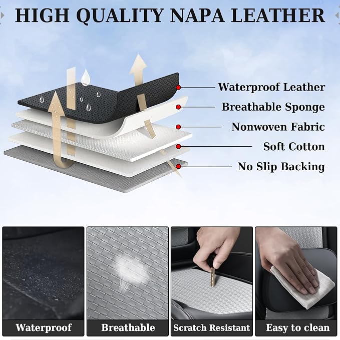 Coverado Seat Covers, Car Seat Covers Front Seats, Waterproof Nappa Leather Auto Seat Cover with Lumbar Head Pillow, Black Gray Seat Covers Carseat Cover Universal Fit for Most Cars - Image 7