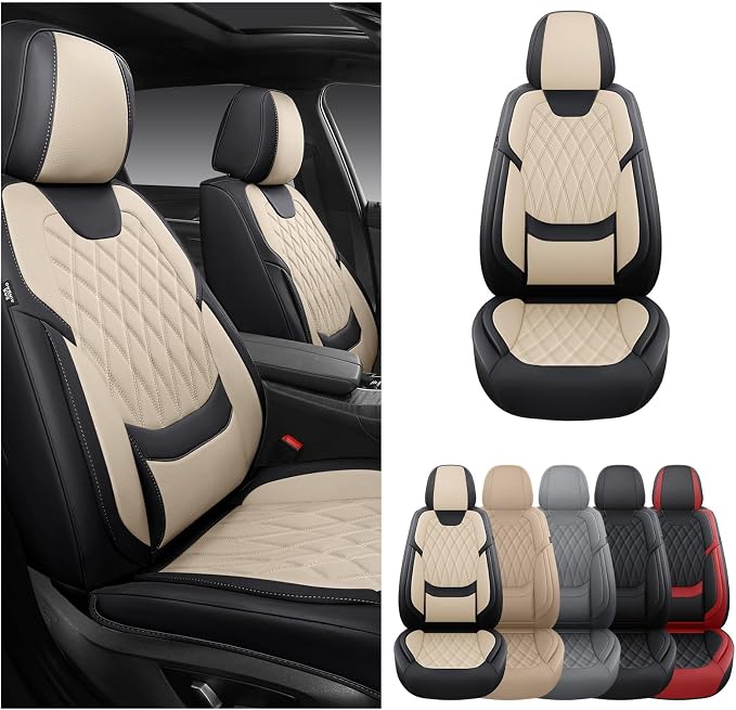 FREESOO Front Seat Covers Faux Leather Waterproof Universal Fit Black Beige | faux leather front seat covers, breathable waterproof, lumbar support, universal fit sedans hatchbacks pickups - Image 8