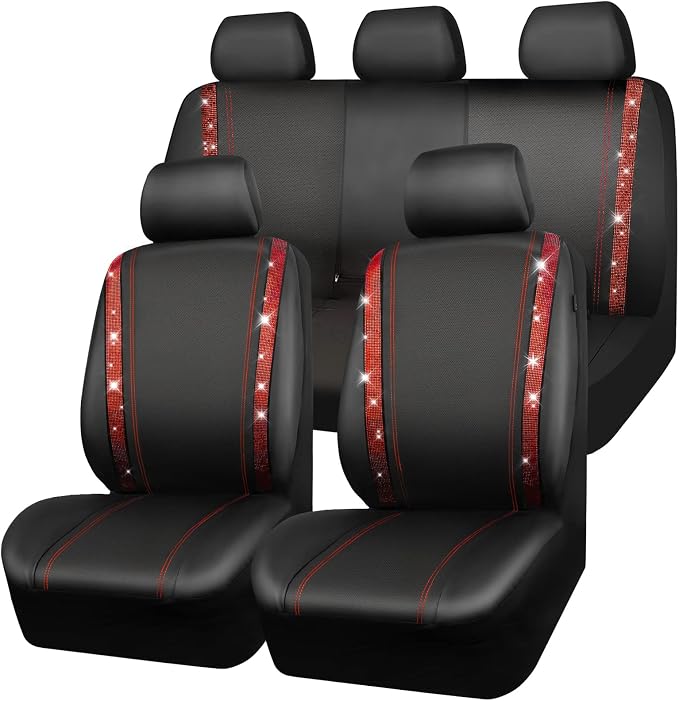 CAR Pass Bling Car Seat Covers Full Set, Shining Rhinestone Diamond Waterproof Faux Leather, Rear with Zipper, Universal Fit Automotive Glitter Crystal Sparkle Strips for Women Girl, Black Red - Image 9