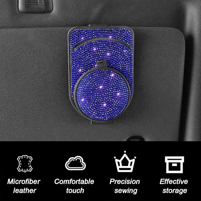 Bling Sunglasses Holder for Car Visor, Genuine Leather Crystal Rhinestone Vehicle Eyeglasses Clip Mount Hanger, Auto Ticket Card Origanizer for Women Girls, Universal Fit (Blue) - Image 6