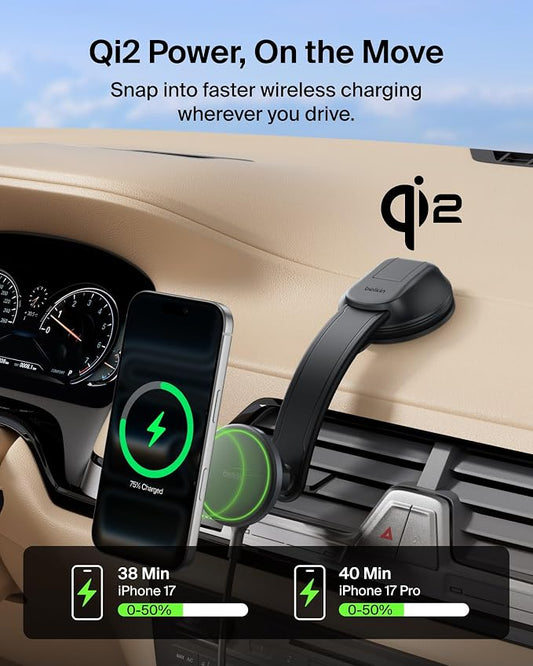 Belkin Qi2 15W Magnetic Wireless Dash Mount, Fast Charging Car Charger | MagSafe Compatible, iPhone 15/16/17, Samsung Galaxy S26, AirPods, iPads, MacBook, Chromebook, Car Phone Charger - Image 2