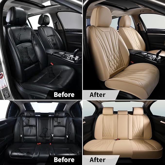 FLORICH Front Car Seat Covers, Leather Automotive Seat Covers for Cars, Airbag Compatible, Waterproof&Breathable, Luxury Car Seat Covers Fit Most Vehicles - Beige - Image 6