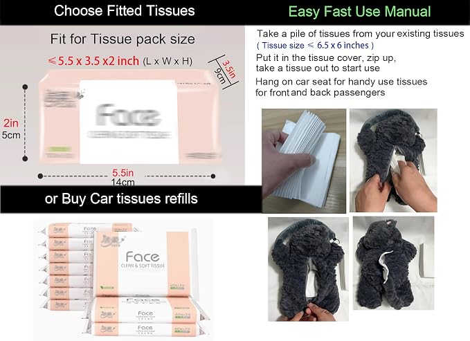 Tissue Box Cover Plush Tissue Box Holder for Car, Home, Decorative Holder/Organizer for Bathroom Vanity Countertop, Nightstands, Office Desk-Fuzzy Elephant - Image 6