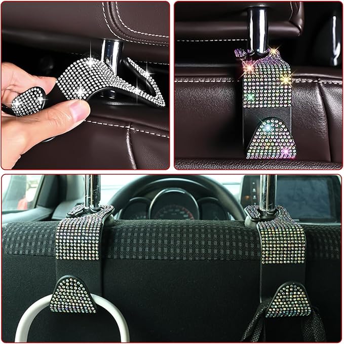 4PCS Bling Car Seat Headrest Hooks, Vehicle Back Seat Purse Handbag Hanging Holder with Crystal Rhinestone, Diamond Storage Organizer Hook,Bling Car Accessories for Women (Colorful) - Image 7