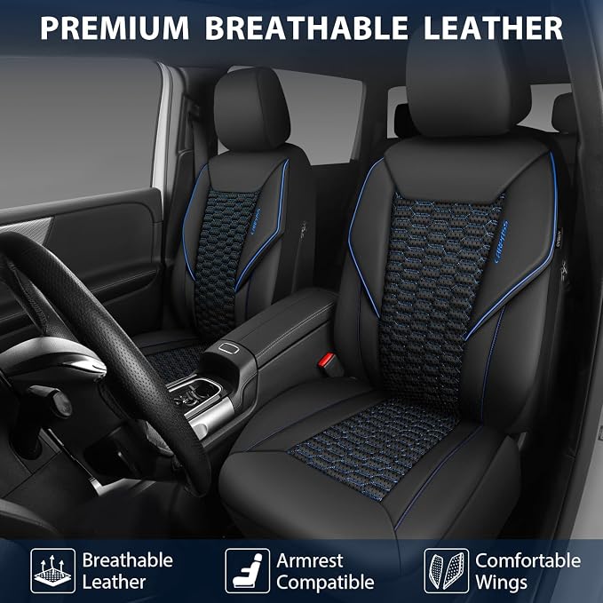 CAR PASS 3D Foam PU Leather Car Seat Covers Front Seats, Blue Faux Leather Front Seat Covers for Car, Universal Fit for SUV Truck Sedan Automotive, Armrest Airbag Compatible,Black and Blue - Image 8