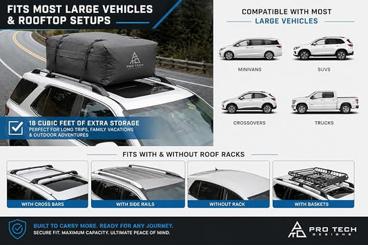 Journeyer 18 Waterproof Rooftop Cargo Carrier Bag, 18 Cubic Feet Vehicle Roof Storage with Straps & Door Hooks, Heavy Duty Car Top Carrier for SUVs, Vans, RVs & Trucks, 48" x 36" x 18" - Image 2