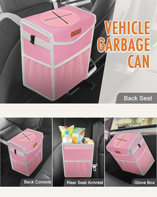 Pritent Car Trash Can with Lid Leakproof Car Garbage Bag Vehicle Trash Bin | Hanging Automotive Garbage Can,Multipurpose Car Accessories for Women Men Interior Car Storage Organizer(2 Gal,Pink) - Image 6