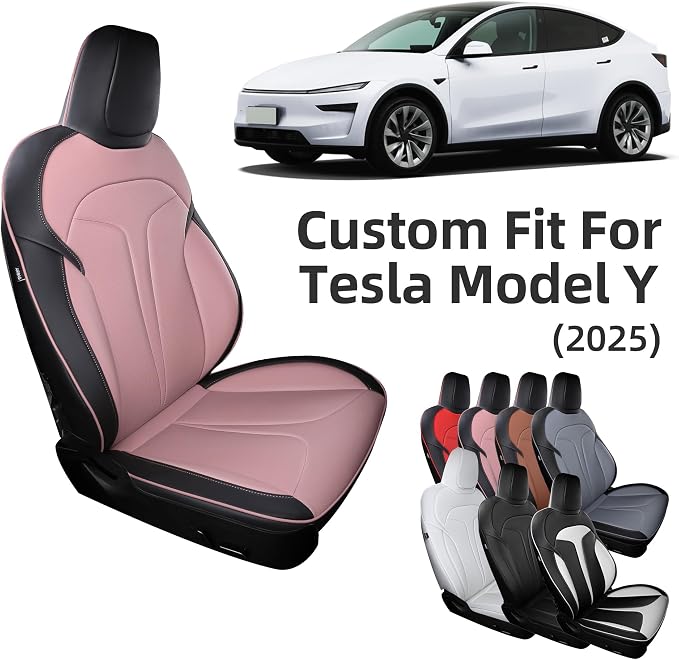 Custom Seat Covers for 2025 2026 Tesla Model Y Juniper 5-Seater, Black+Pink | Waterproof Breathable Nappa Leather, OEM Factory Style Full Set, Full Coverage Design with Armrest Covers, Airbag Compatible - Image 9