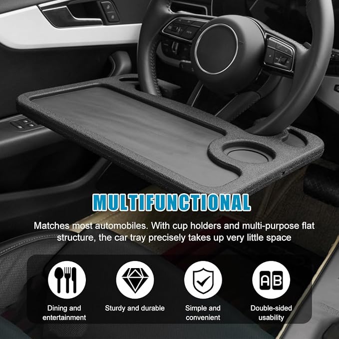 Car Steering Wheel Desk, Multifunctional Auto Seat Stand Trays for Eating and Working, Double Sided Design Steering Wheel Table Desk for Laptop, Food, Car Accessories (Black) - Image 6