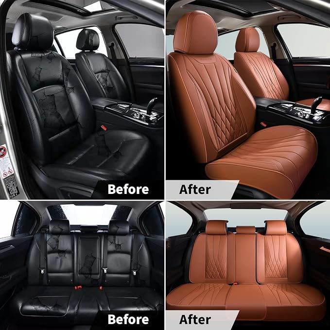 FLORICH Full Set Car Seat Covers, Automotive Seat Covers for Trucks, SUV, Sedans, Waterproof Nappa Leather Seat Protector Car Accessories for Most Cars - Brown - Image 8