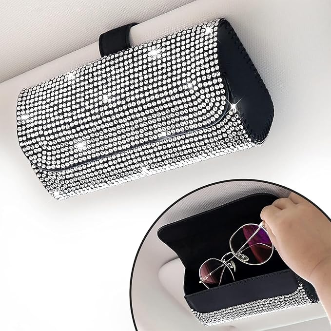 Osilly Bling Car Sunglass Holder for Sun Visor, Sparkling Crystal Leather Automotive Eyeglasses Mount Clip Organizer with Hidden Magnetic Closure for Men Women, Universal for SUV Truck Van(White) - Image 6