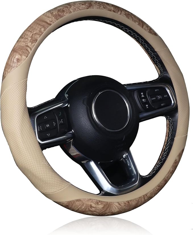 KAFEEK Wood Grain Steering Wheel Cover, 14.5-15 inch, Beige | Breathable Microfiber Leather, Non-Slip, Universal Fit Cars, SUVs, Truck - Image 7