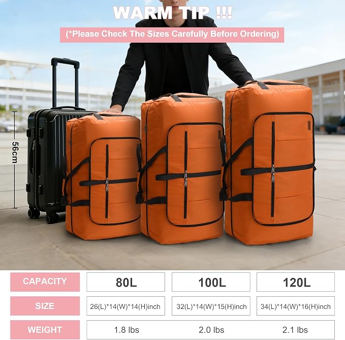80L EXTRA LARGE Duffle Bag for Travel, 26" Foldable Travel Duffel Bag with Shoe Compartment for Men Women, Waterproof & Tear Resistant (Orange, EXTRA LARGE, 80L) - Image 8