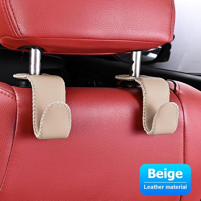 Zpana 2PCS Car Headrest Hooks Genuine U-Shaped Hanging Holder Beige | Genuine leather surface, suspended structure, rotates for front or back seat use, universal fit, automotive accessories - Image 6