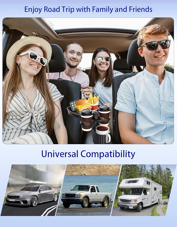 Car Cup Holder Tray - 4-in-1 Universal Car Cup Holder Expander with Snack Table and 3 Drink Mount for Automotive Road Trip, Driver and Front Passenger Organizer for Trucks, SUVs, Minivans - Image 7
