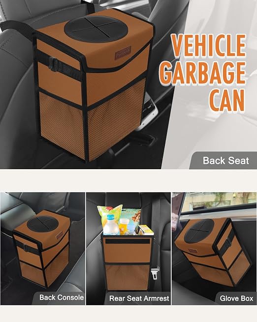 Pritent Car Trash Can with Lid Leakproof Car Garbage Bag Vehicle Trash Bin | Hanging Automotive Garbage Can,Multipurpose Car Accessories for Women Men Interior Car Storage Organizer(2 Gal,Brown) - Image 6