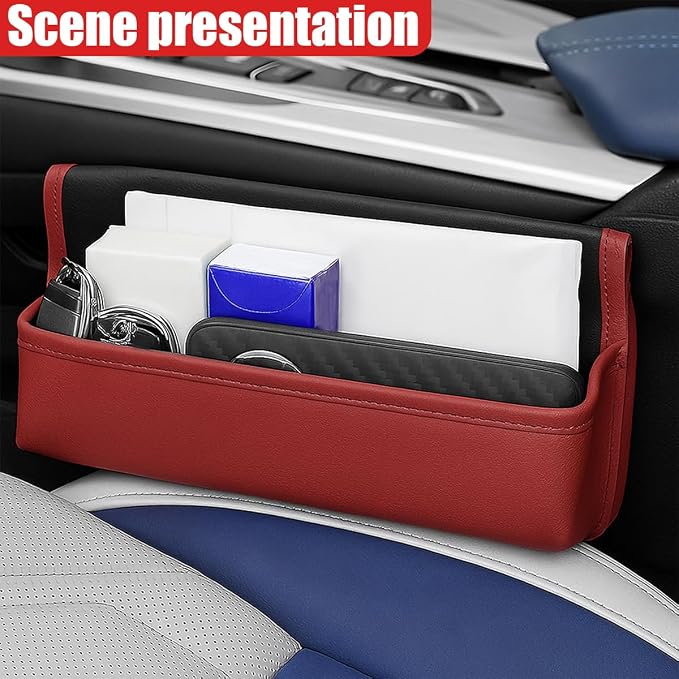 Car Seat Gap Filler Organizer with Lid, Universal Leather Auto Front Seat Storage Box, Adjustable Car Center Console Side Pocket for Phones, Keys, Glasses, Cards, No Seat Belt Block(Burgundy) - Image 6
