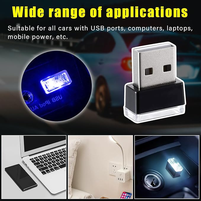 Augeny 4 PCS USB LED Car Interior Atmosphere Lamp, Plug-in USB Decor Night Light, Portable Auto Ambient Lighting Kit, Universal Vehicle Interior Accessories for Most Cars (White & Blue) - Image 6