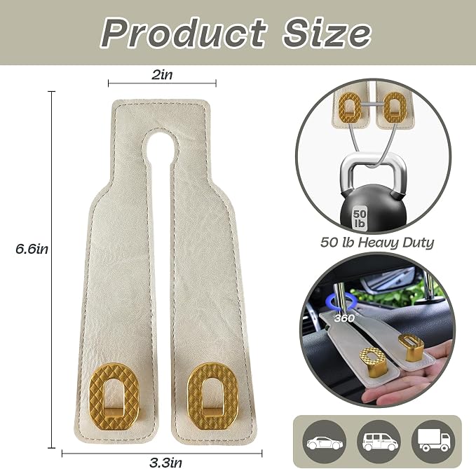 Car Headrest Hooks Universal Car Purse Hook Premium Leather and Alloy Twin Hook Car Seat Back Storage Hanger Hook for Purse Bags Cloth Drink Durable Holder Car Accessories (BH09-White-Gold-4 Pcs) - Image 6
