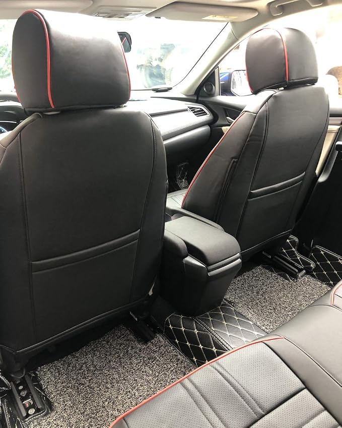 EKR Civic Seat Covers Custom Fit for Honda Civic (Hatchback) Gas & Hybrid 2022-2026 (Rear W/Armrest),Waterproof Car Seat Cover Full Set,Faux Leather(Black with Red Trim) - Image 4