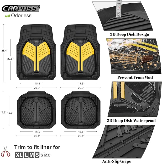 CAR PASS Heavy Duty Rubber Car Mats, Deep Dish Car Floor Mats All Weather, Car Mats Full Set 4-Piece Trim to Fit for Sedans SUVs Trucks, Waterproof Anti-Slip Automotive Mats, V12 Black and Yellow - Image 6