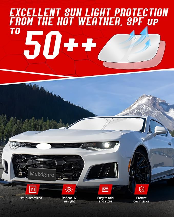 Custom Fit Windshield Sun Shade for Chevy Camaro 2016-2024 | Foldable, Easy to Install & Store, Full Coverage, 210T Reflective Fabric, Blocks 99% of UV Rays - Image 7