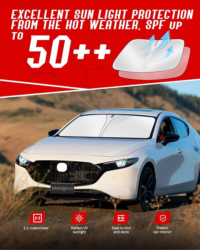 Windshield Sun Shade for Mazda 3 2019-2025 2026 Hatchback/Sedan | Custom Fit, Foldable, Easy to Install & Store, Full Coverage, 210T Reflective Fabric, Blocks 99% of UV Rays - Image 7