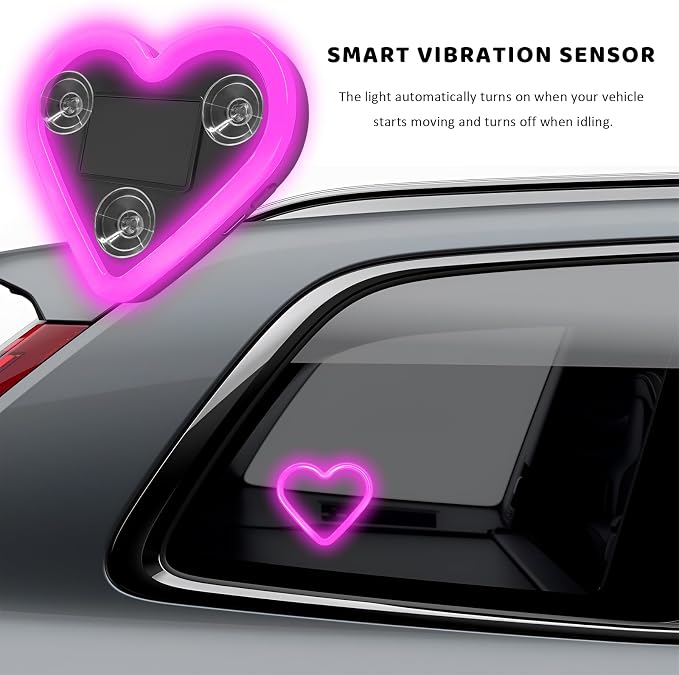 Sun Walker Heart-Shaped Car LED Ambient Light, Solar-Powered Love Heart Lamp Vehicle C-Pillar Atmosphere Light, Vibration-Sensing Triangle Window Lights Car Interior Decoration (Pink) - Image 6