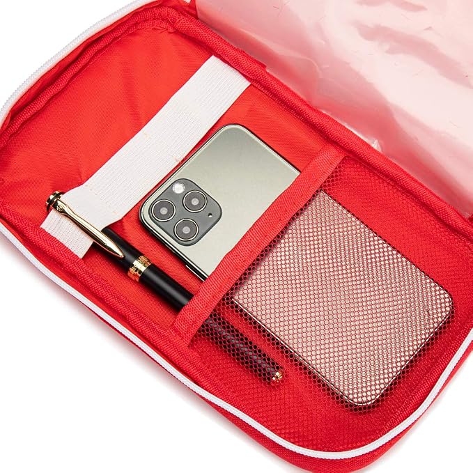 Red First Aid Bag Empty Travel Rescue Pouch First Responder Storage Medicine Emergency Bag for Car Home Office Kitchen Sport Outdoors (Red with Handle Green Print) - Image 9