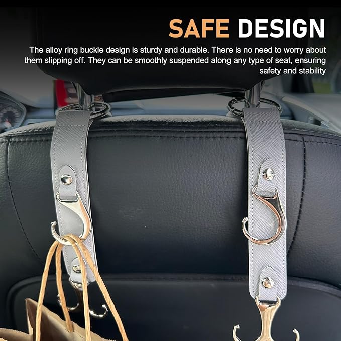 2 PCS Car Headrest Hooks, Faux Leather Organizer Multifunctional Car Hooks, Unisex Car Storage Accessories, Suitable for Hanging Wallets, Handbags, Umbrellas & Hats (Gray) - Image 7
