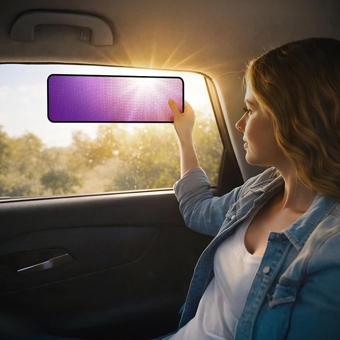 XCBYT 4-Pack Static Cling Car Window Shades, Semi-Transparent Glare Blocker | Block glare from different angles at any time. Clean the glass before to ensure a secure bond. See-through view - Image 7