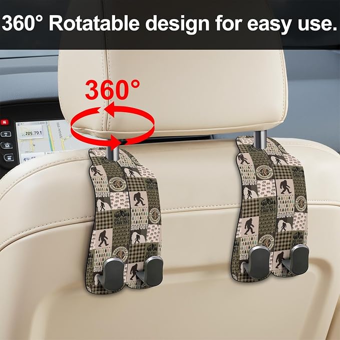 Car Seat Back Headrest Hooks - 2 Pack, Bigfoot Patchwork Pattern Purse Hook for Car, Metal Leather Multifunctional Auto Hanger Organizer for Bags Water Bottles Phones - Image 7