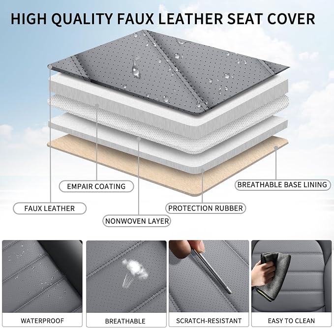 Car Seat Covers Front Seats, 2Pcs Universal Faux Leather Front Seat Covers for Cars, Waterproof Automotive Seat Covers Breathable Seat Cover for Most Sedans, Trucks, SUV (Black Gray) - Image 6
