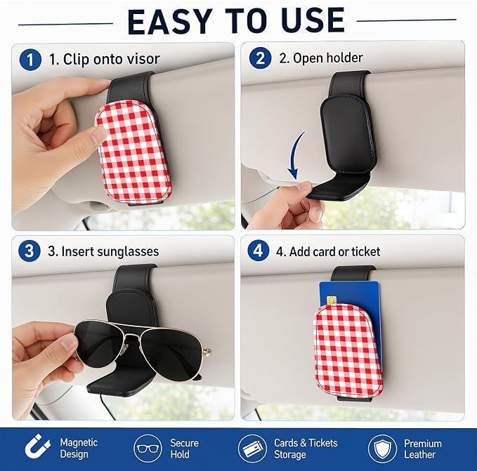 Leather Magnetic Sunglass Holder for Car Sun Visor, Cute Eyeglass Ticket Card Hanger Clip, Universal Auto Interior Accessories for SUV Pickup Truck, Red Checkered - Image 5