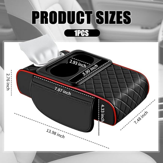 5-in-1 Car Center Console Cover,Leather Car Armrest Cover with Cars Tissue Holders/Cup Holder/Phone Holder/Storage Pocket,Thickened Cars Armrest Storage Box (Black/Red Stitching) - Image 2