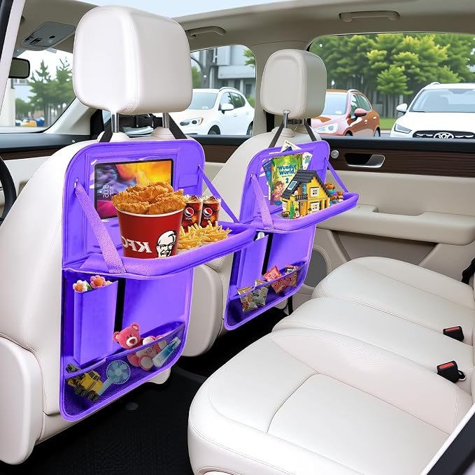 2Pack Car Backseat Organizer with Foldable Table Tray,6 Storage Pockets Car Storage Organizer with Tablet Holder,Car Seat Back Protectors Kick Mats Travel Accessories (Purple) - Image 7