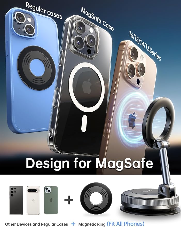 Coolpow【Newest Vacuum Magnetic Phone Holder for Car Phone Holder Mount【Movable Vacuum Suction】 Magsafe Car Mount Cell Phone Holders for Your Car Accessories for Women Men for iPhone 17 16-Blue | 【26 x N58 Magnets】360° Rotation, Magnetic Car Phone Holde... - Image 9