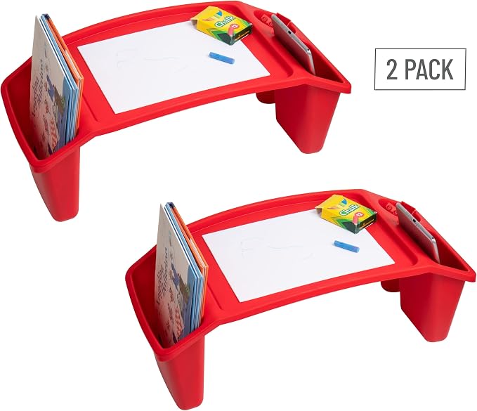 Mind Reader Kids Lap Desk, Portable Activity Tray with Side Storage, Stackable Plastic Desk for Drawing, Snacks, Study, Set of 2, Red - Image 7
