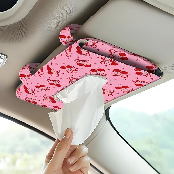 Car Tissue Holder, Cute Sun Visor Napkin Holder Backseat Tissue Case, PU Leather Tissue Box, Funny Car Accessories for Women Men Pink Red Cute Cherry Bowties - Image 6