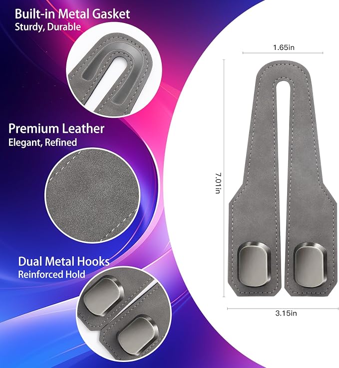 2 Pack Car Headrest Hooks, Dual Metal Hooks, Stylish Gray | Premium leather with dual metal hooks and anti-drop design. Holds purses, bags, coats, and groceries securely. - Image 7