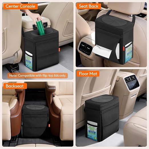 Lifewit Car Trash Can with Lid and Tissue Holder, Leak-Proof Waterproof Automotive Garbage Cans, Car Accessory Interior, Trash Bin for the Back/Front/Console of Car, 3 Gallons, Black | Leakproof, Waterproof, Tissue Holder, Adjustable Straps, Magnetic S... - Image 8