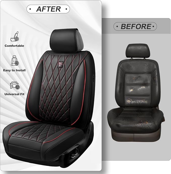 CAR PASS Luxury PU Leather Two Front Car Seat Covers, Waterproof Seat Covers Compatible with Front Seat Armrests, Airbag Compatible Anti- Slip Universal Fit for Cars Suvs Vans Trucks Black Red - Image 7