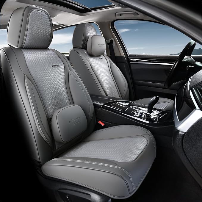 Coverado Car Seat Covers Full Set, Gray Seat Covers for Cars, Waterproof Nappa Leather Automotive Seat Covers with Lumbar Head Pillow, Car Seat Protectors, Universal Fit for Most Cars SUV - Image 9