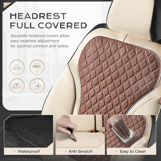 Coverado Front Seat Covers, Luxury Diamond Leather Car Seat Cover with Carbon Fiber Weave, Waterproof Car Seat Cover Driver Seat Cover Spill-Proof Design Universal Fit for Most Cars, Beige&Brown - Image 2